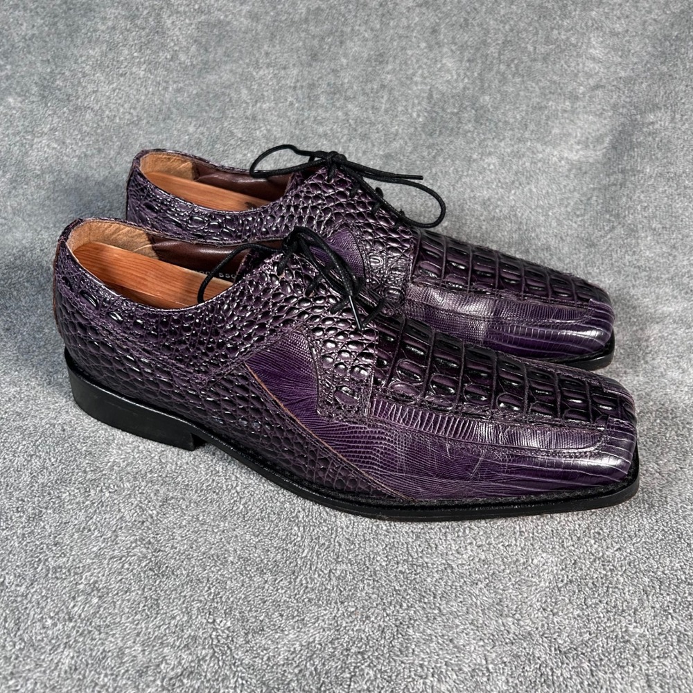 Stacy Adams Croc Embossed Derby Oxford Purple Leather Square Toe Shoes Mens 9.5M
